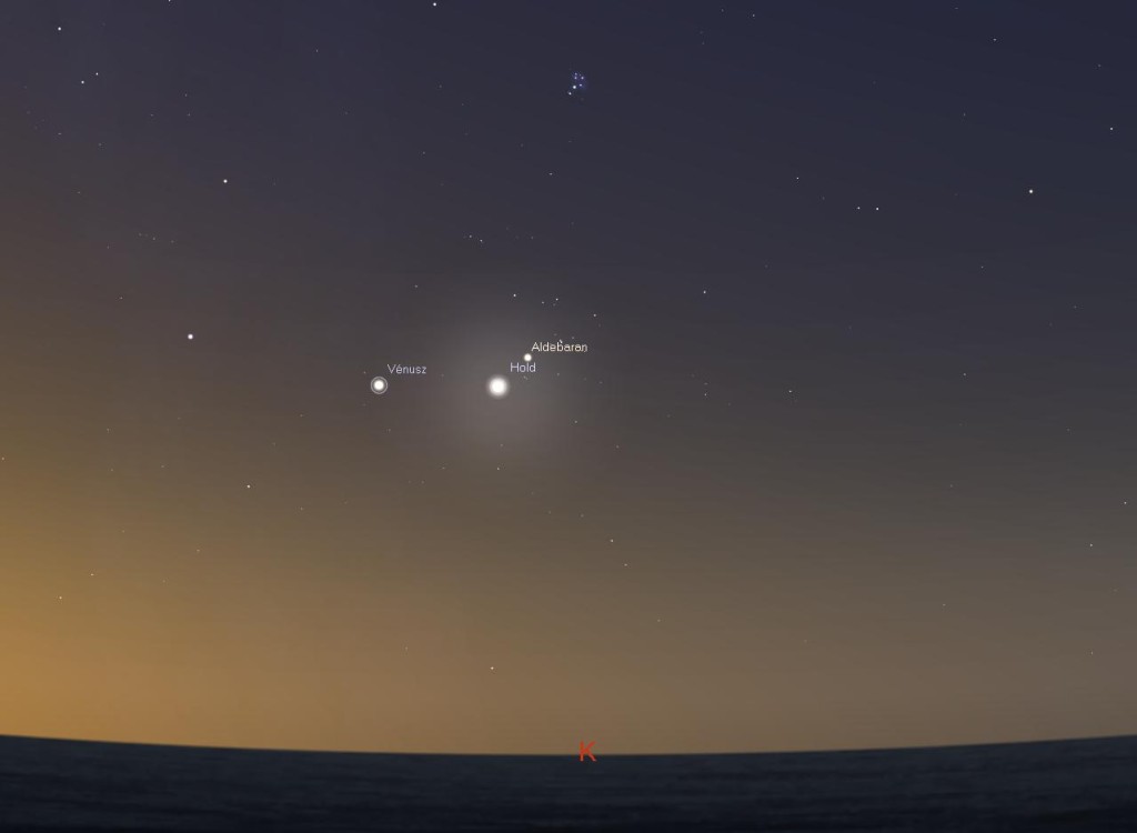 Ezért a látványért érdemes hajnalig fennmaradni vagy korán felkelni: a holdsarló és az Aldebaran szépségét kiegészíti a Vénusz ragyogása a pirkadó keleti égbolt alján (Forrás: Stellarium)
